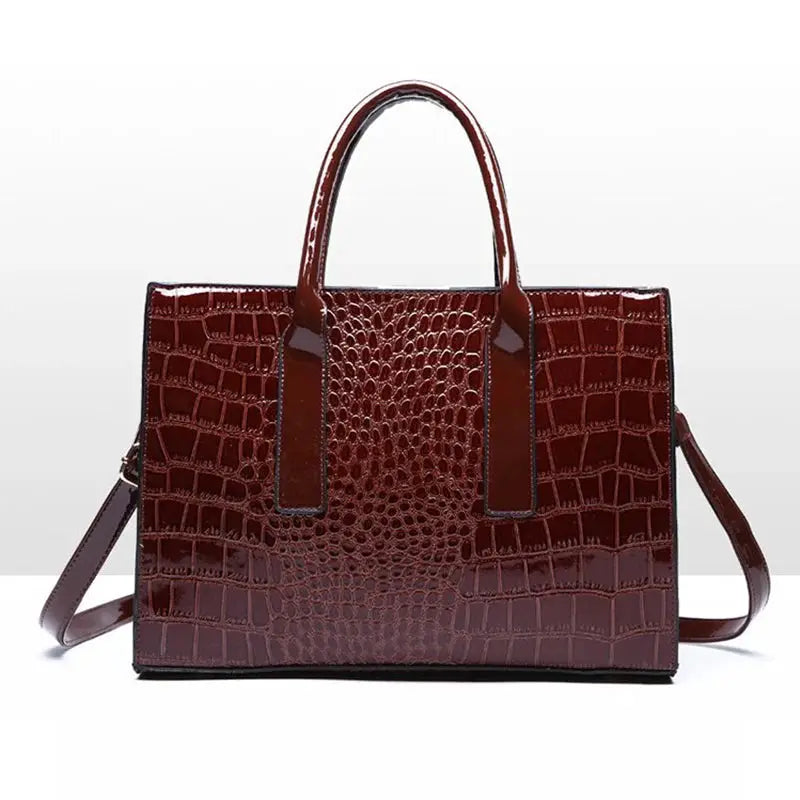 Luxury crocodile pattern handbag by Simples Market; burgundy PU leather top-handle bag with crossbody strap.