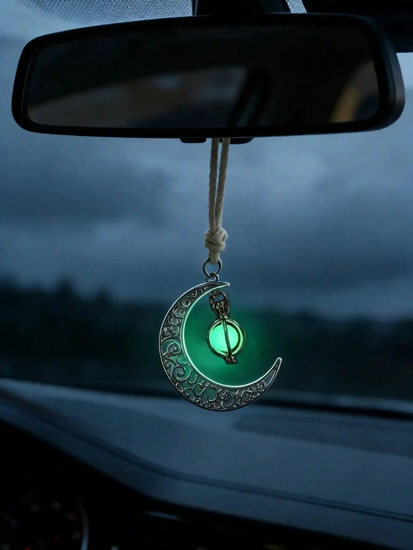 Luminous Moon Pendant car rearview mirror ornament by Simples Market; emerald-green hollow crescent with metal filigree