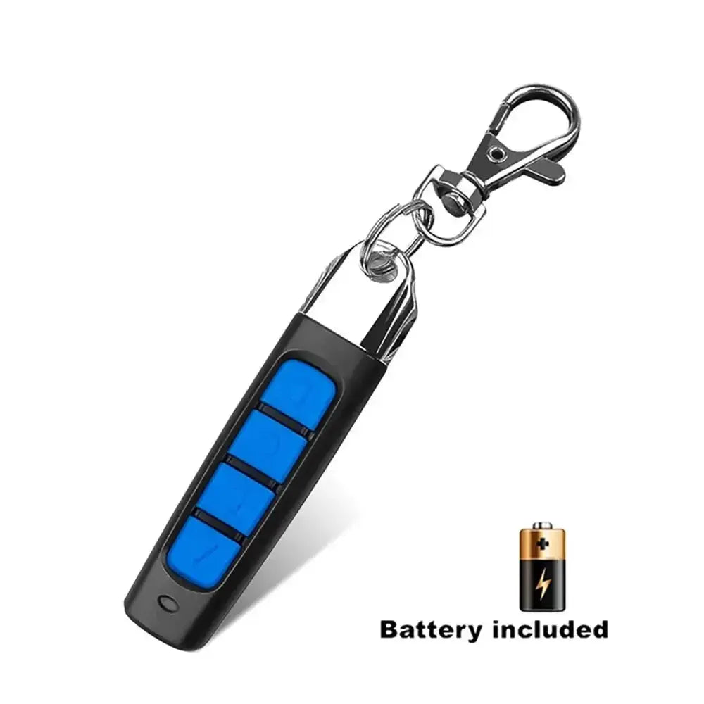 433MHz garage door remote with three blue buttons on black housing and a metal keychain clip; battery included