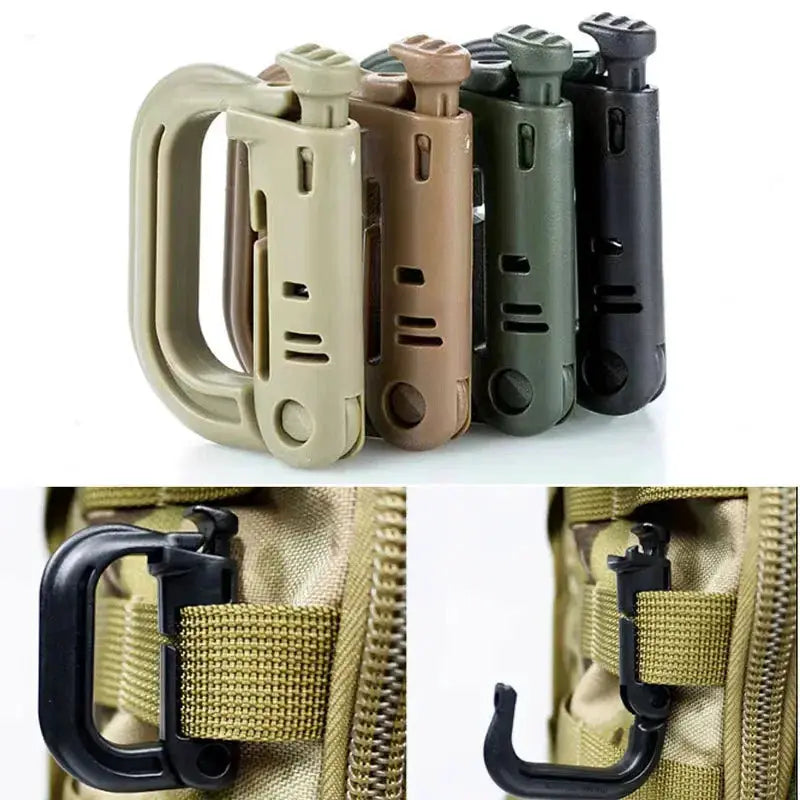 Simples Market tactical D‑ring carabiner set with Grimlock locking plastic MOLLE clips in tan, brown, olive, green, black