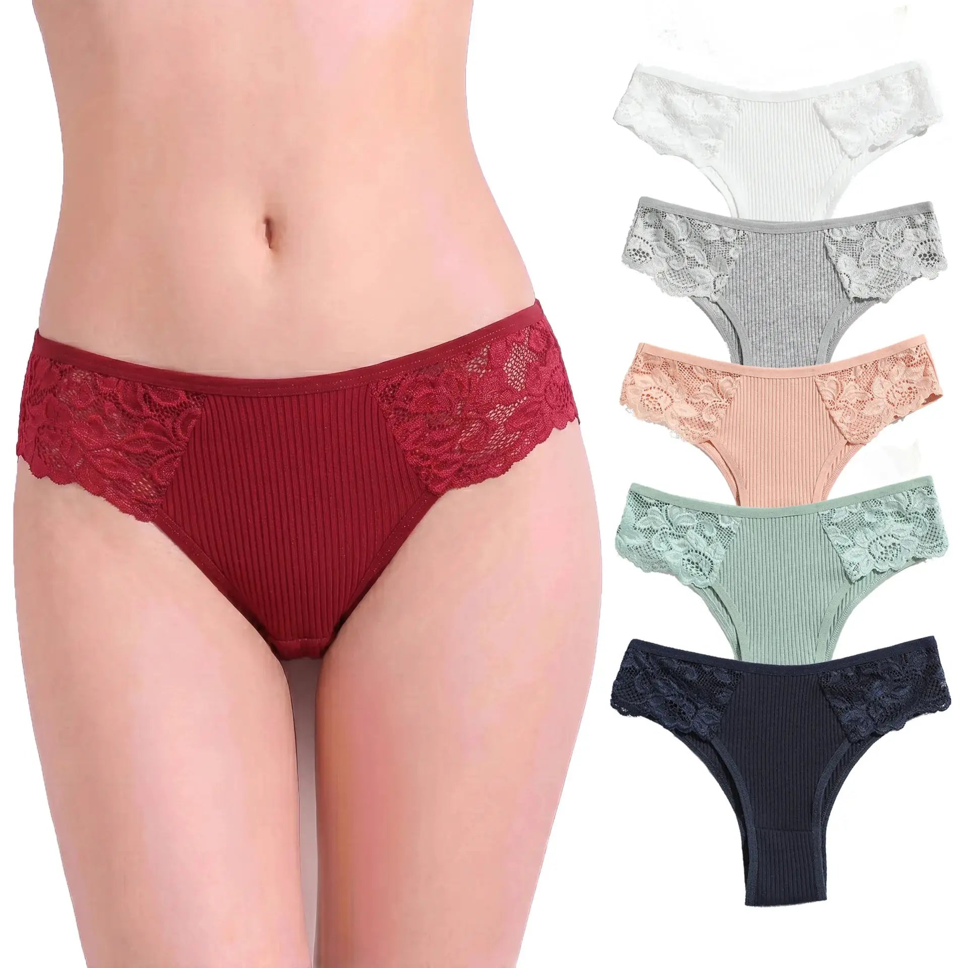 5-piece set of women's cotton lace briefs with floral side panels and ribbed low-rise fit in assorted colors