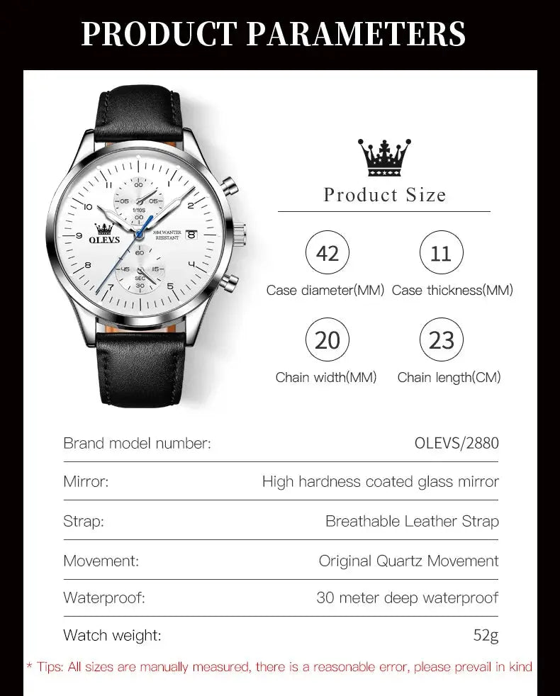 OLEVS men's wristwatch with white dial, silver case and black leather strap