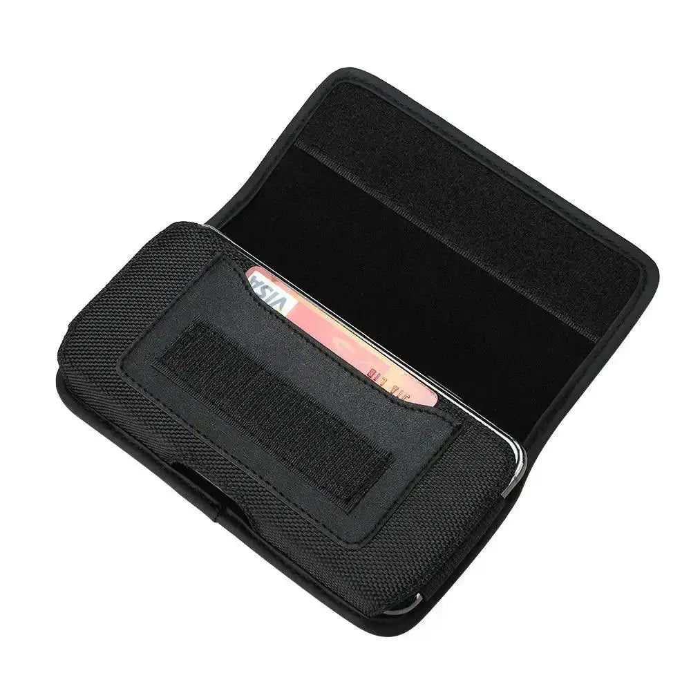 Mobile phone waist bag in black nylon with belt loop and card slot