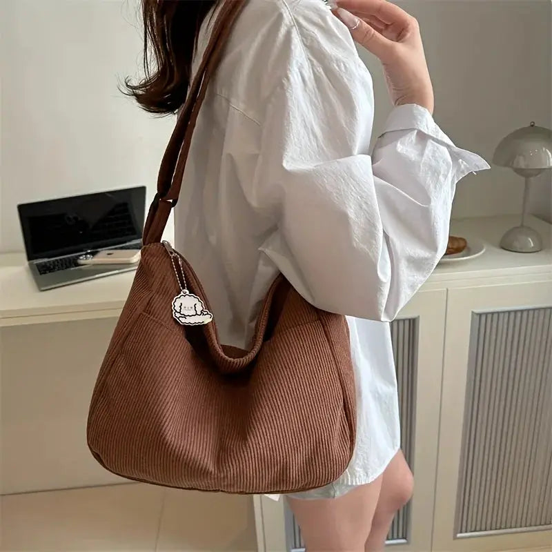 LuxeCarry Corduroy Shoulder Bag Striped Tote With Zipper Closure And Cute Hat Patch For Everyday Use