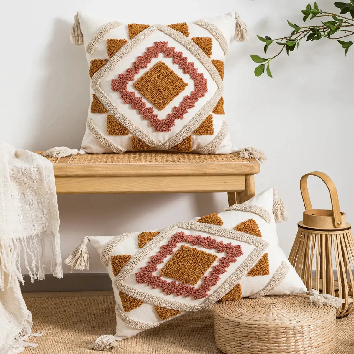 Simples Market decorative pillow covers, 2-pack, boho geometric loop velvet in mustard, rust, ivory.