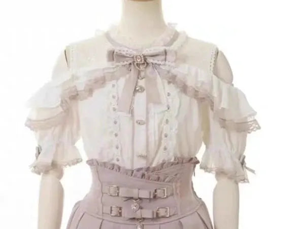 Sweet Lolita lace blouse in ivory with off-shoulder ruffles and bows