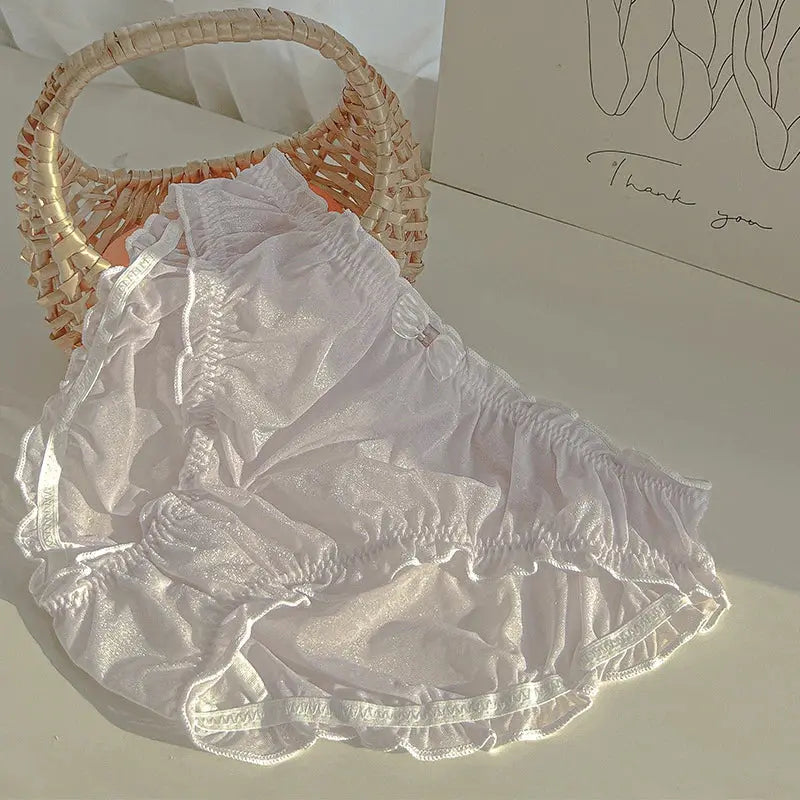 Simples Market white sheer ice-silk panties with ruffles and elastic waistband, large size