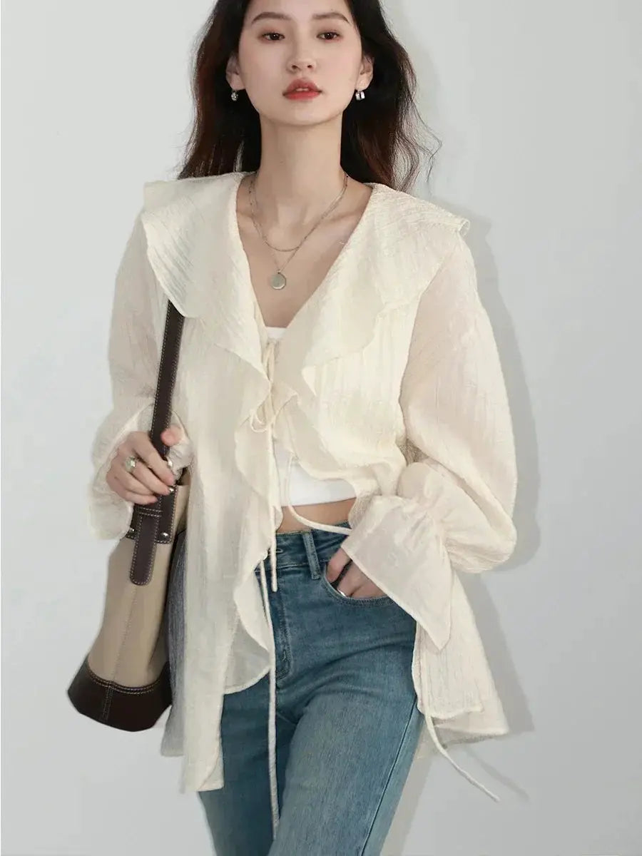 CHIC VEN women's cream lace-up V-neck blouse with ruffled edges, loose casual fit
