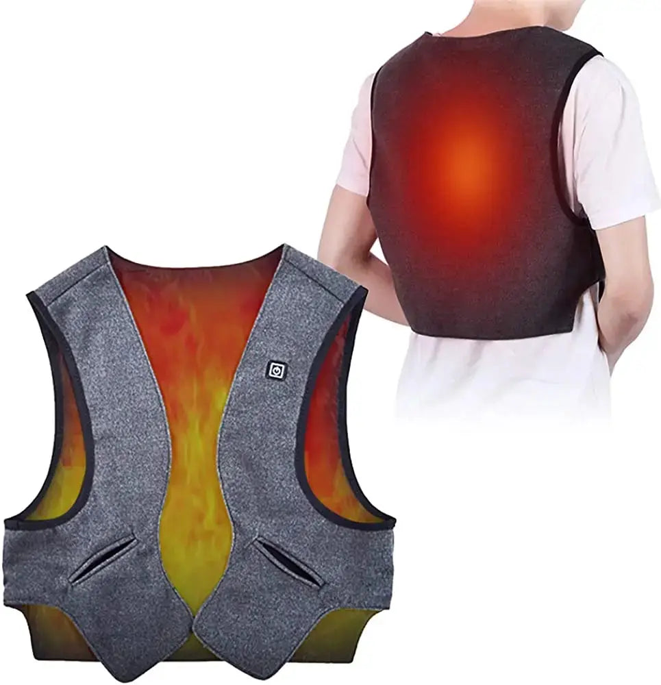 Men's graphene-heated vest by Simples Market, gray knit exterior with orange heat panels, USB powered