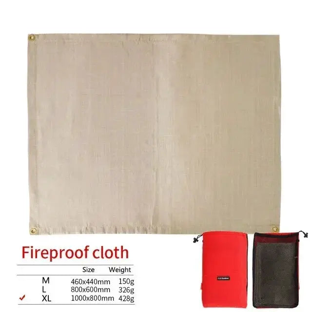 Fireproof cloth blanket by Simples Market, beige fiberglass mat with red carry pouch and mesh bag