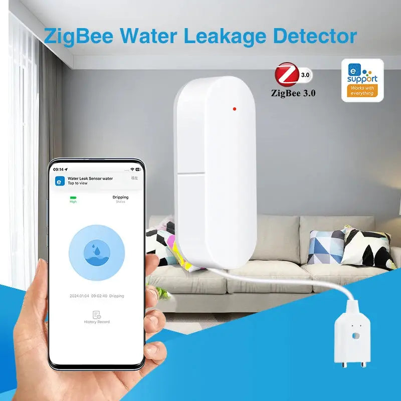 Water leak detector by Simples Market, white ZigBee 3.0 sensor with smartphone app and ZigBee gateway