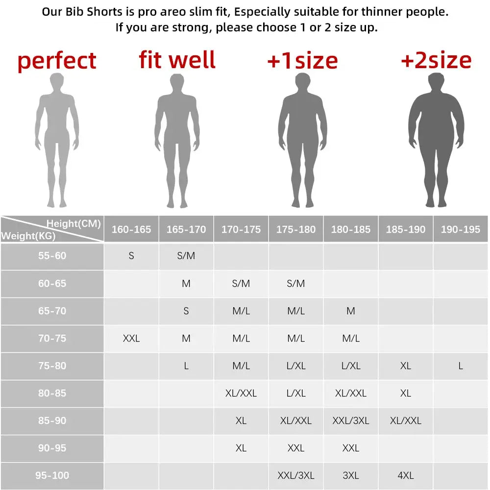 Simples Market DAREVIE men's cycling bib shorts size chart with silhouettes and size table