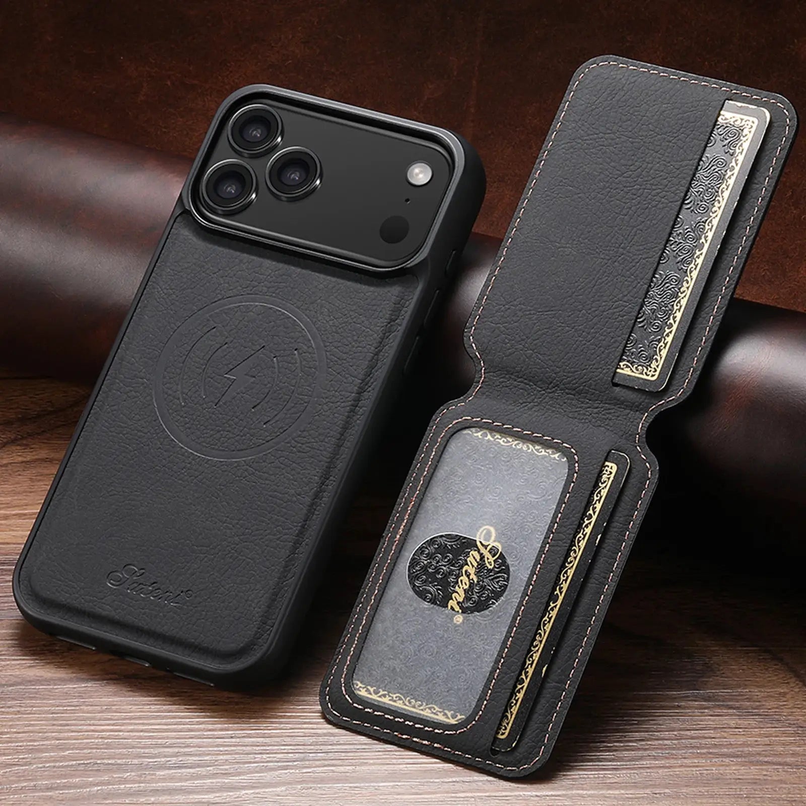 SUTENI Wireless Charging Case With Magnetic Card Holder Stand For iPhone 12 Through 17 Pro Max PU Leather