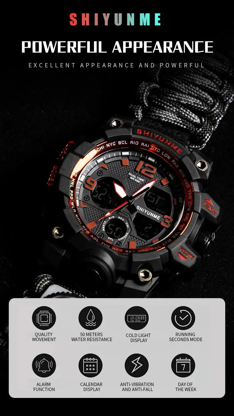 SHIYUNM men's military sports digital watch with black case, red accents and paracord strap, waterproof