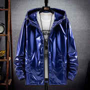 Men's blue metallic hooded bomber jacket with zipper, lightweight windbreaker
