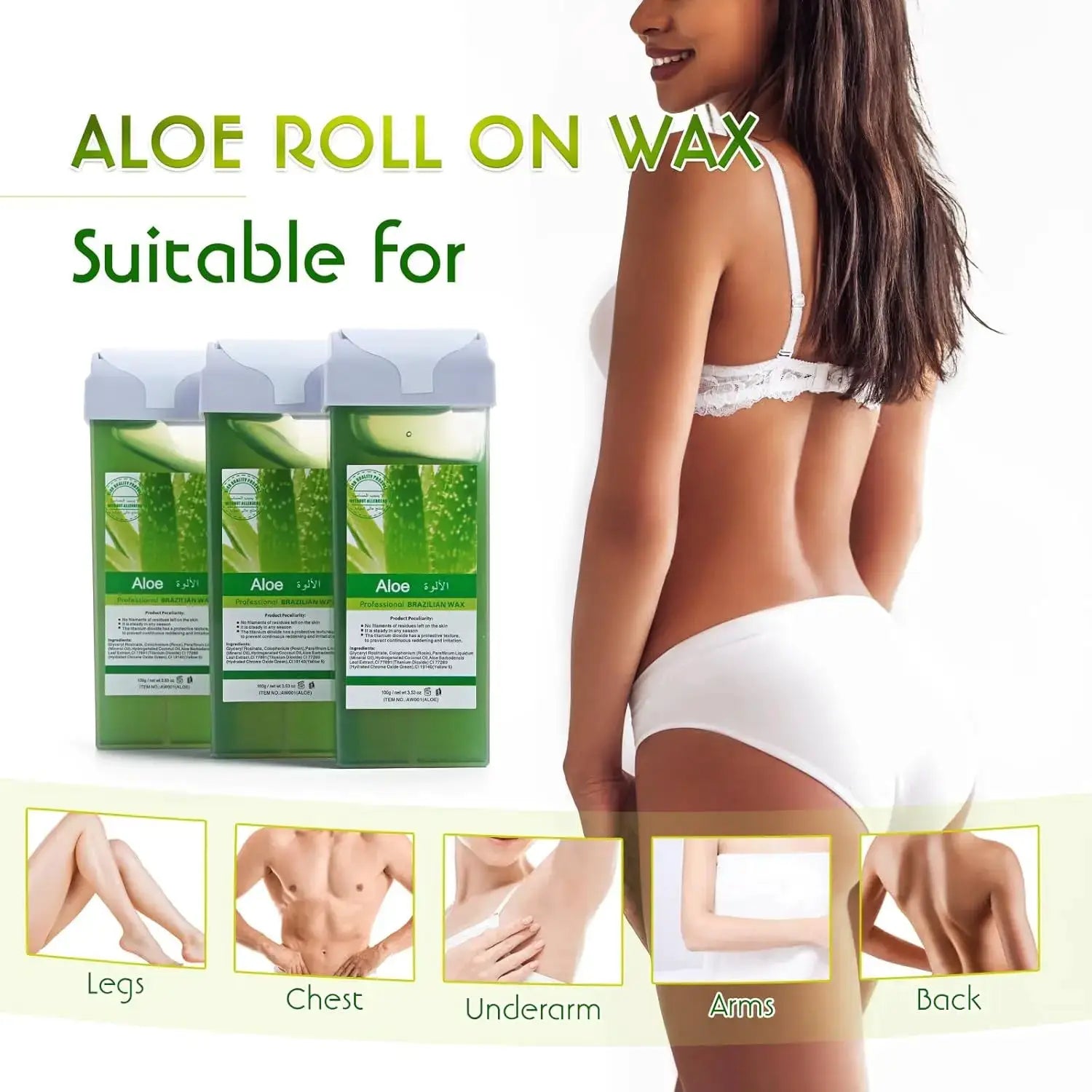 Aloe roll-on wax refill set by Simples Market, 3 green cartridges for bikini/body hair removal