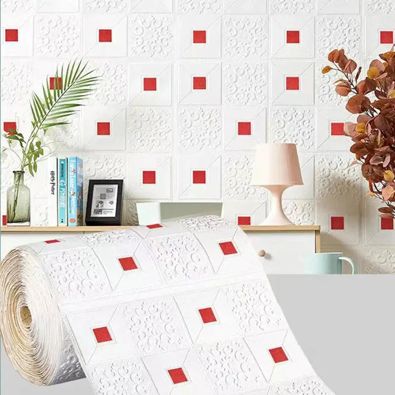 3D brick pattern wall wallpaper roll, 70cm x 1m; white panels with red square accents, waterproof for living room, bedroom, kitchen