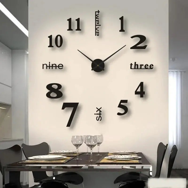 Large wall clock by Simples Market with oversized black numerals, 3D acrylic mirror stickers, quartz movement