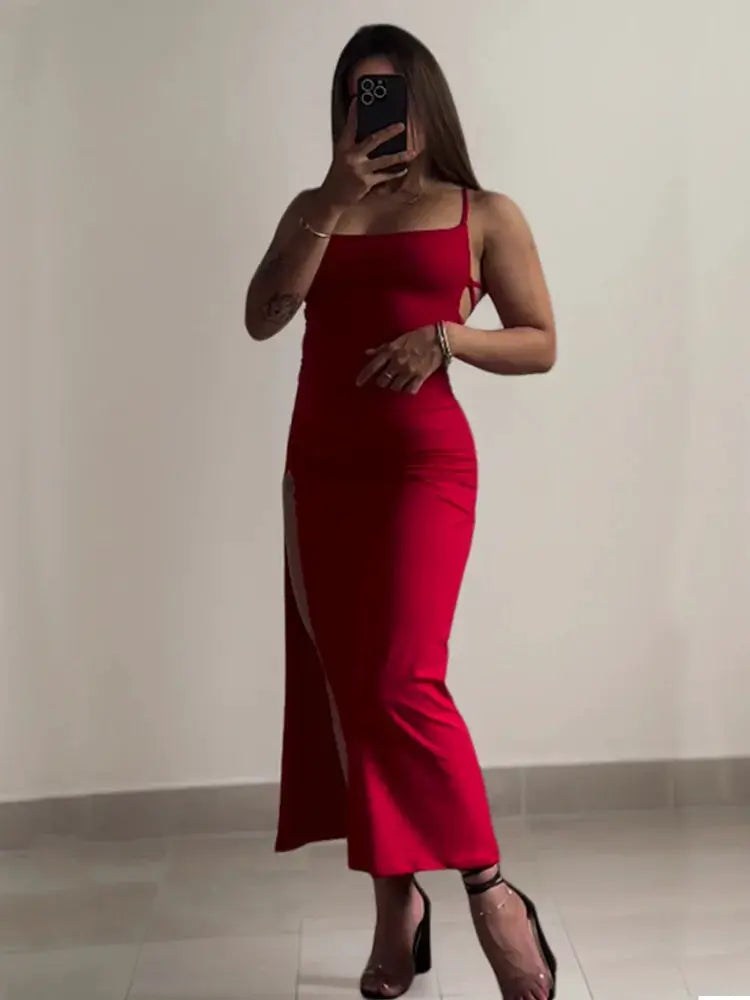 VibeLux Backless Lace Up Maxi Dress Bodycon Fit With Thigh High Split For Party Ready Look