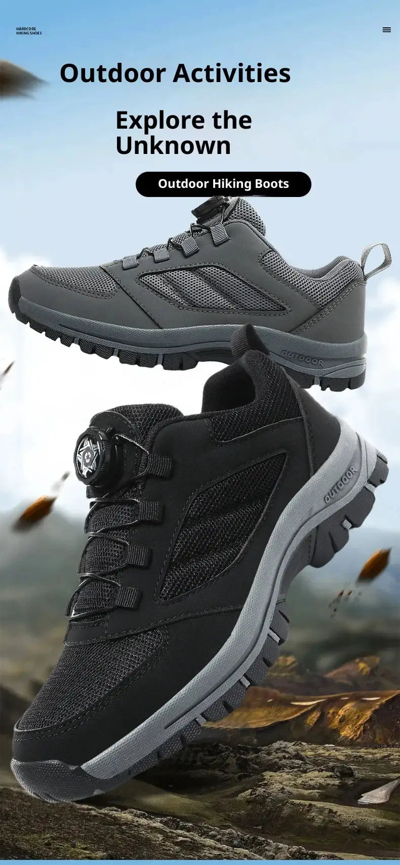 Simples Market men's hiking shoes with rotating dial buckle, black/grey anti-slip trail sneakers in sizes 39–48