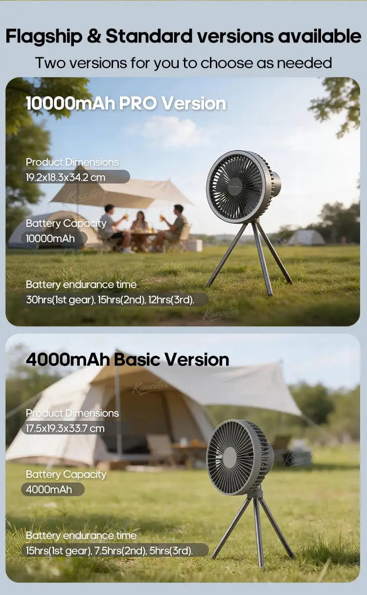 Simples Market camping fans: two rechargeable desktop fans (10000mAh PRO, 4000mAh Basic) with power bank and LED light