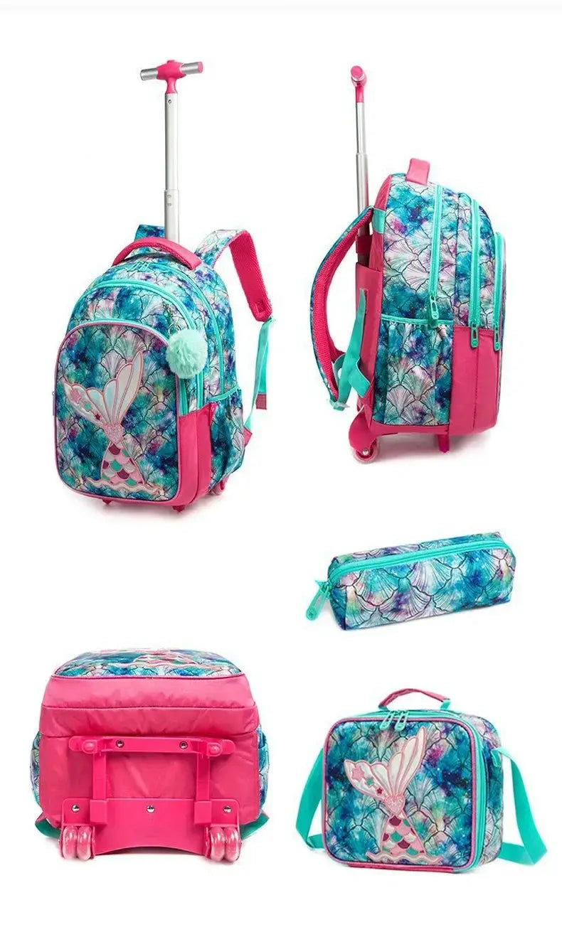 Children's wheeled backpack set with lunch box; turquoise and pink print with a bunny graphic on the front.