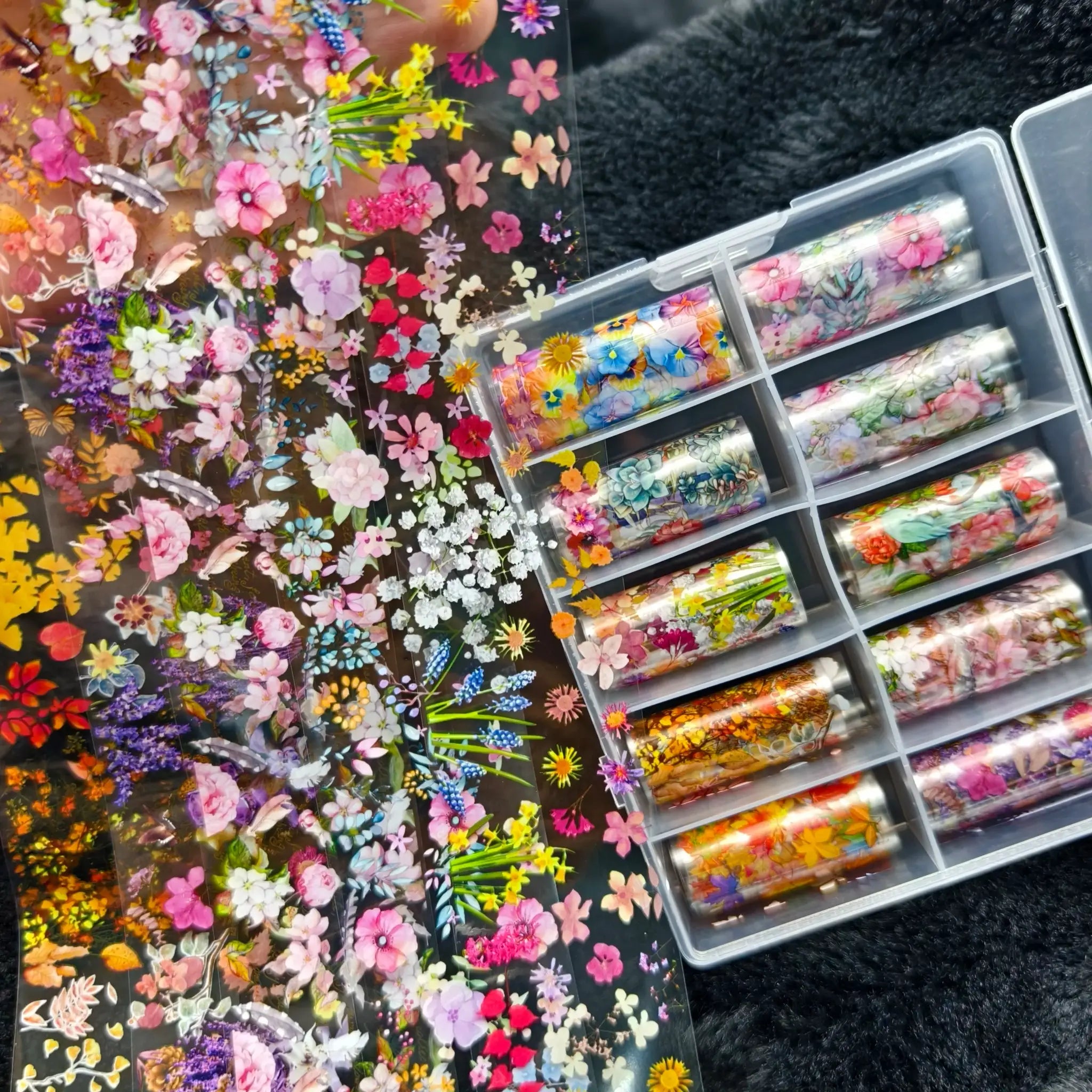 Nail art foils: 10-roll floral decal set in clear cases with colorful flower designs