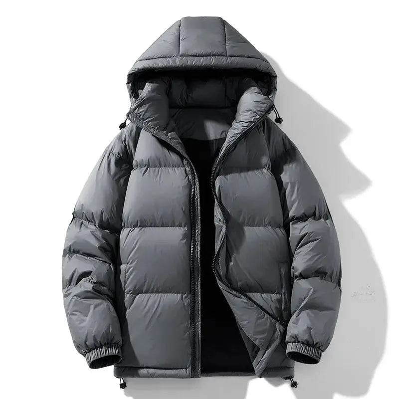 Men's hooded down jacket, gray, 90% white duck down insulation
