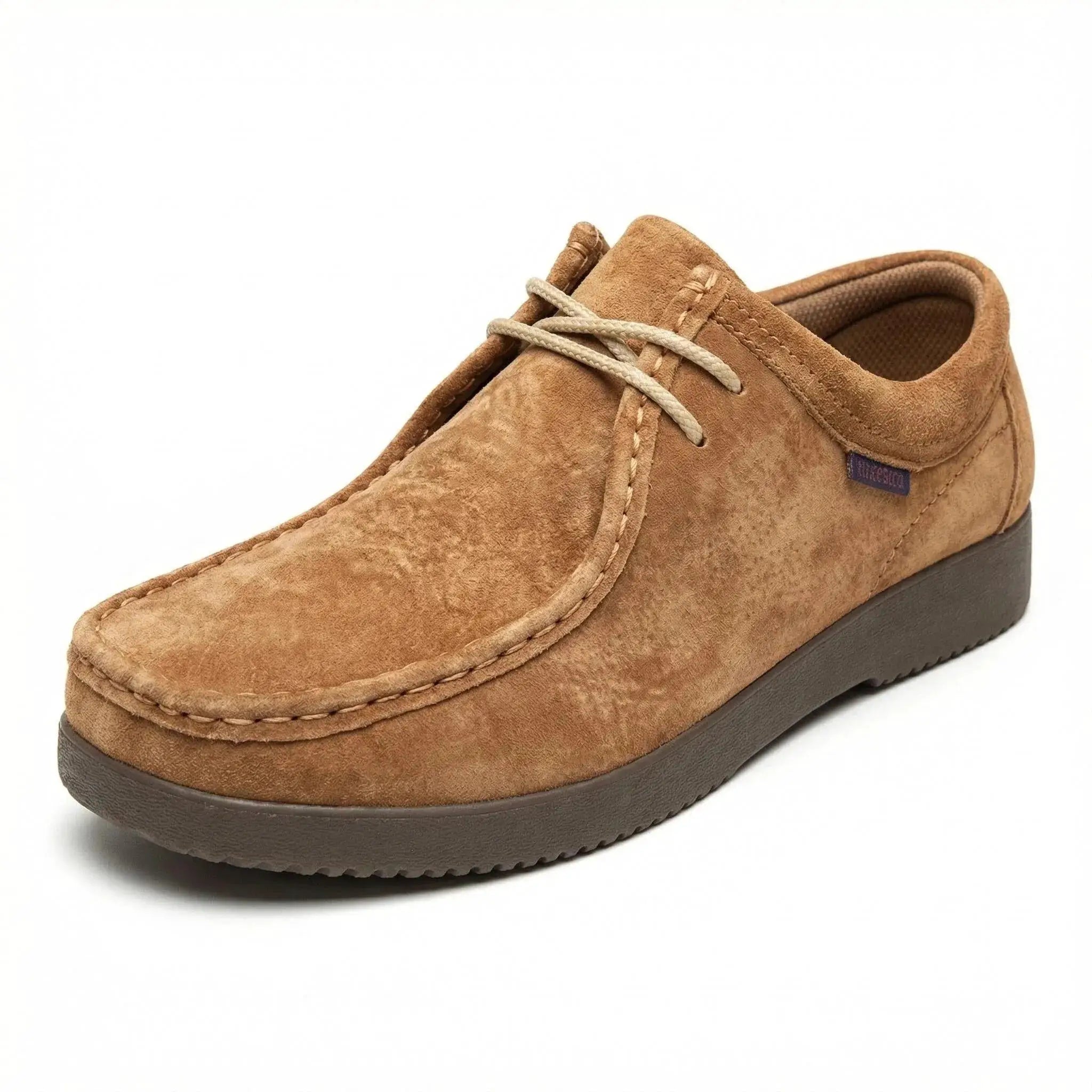 Men's casual leather moccasin loafers with hand-sewn stitching in tan brown, Simples Market.