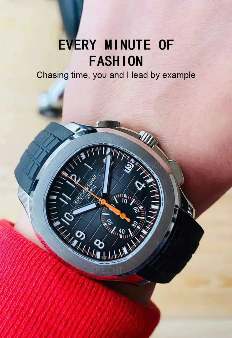 Specht & Söhne New Classic 5167 men's watch with orange accents, sapphire crystal, rubber strap, 50m waterproof