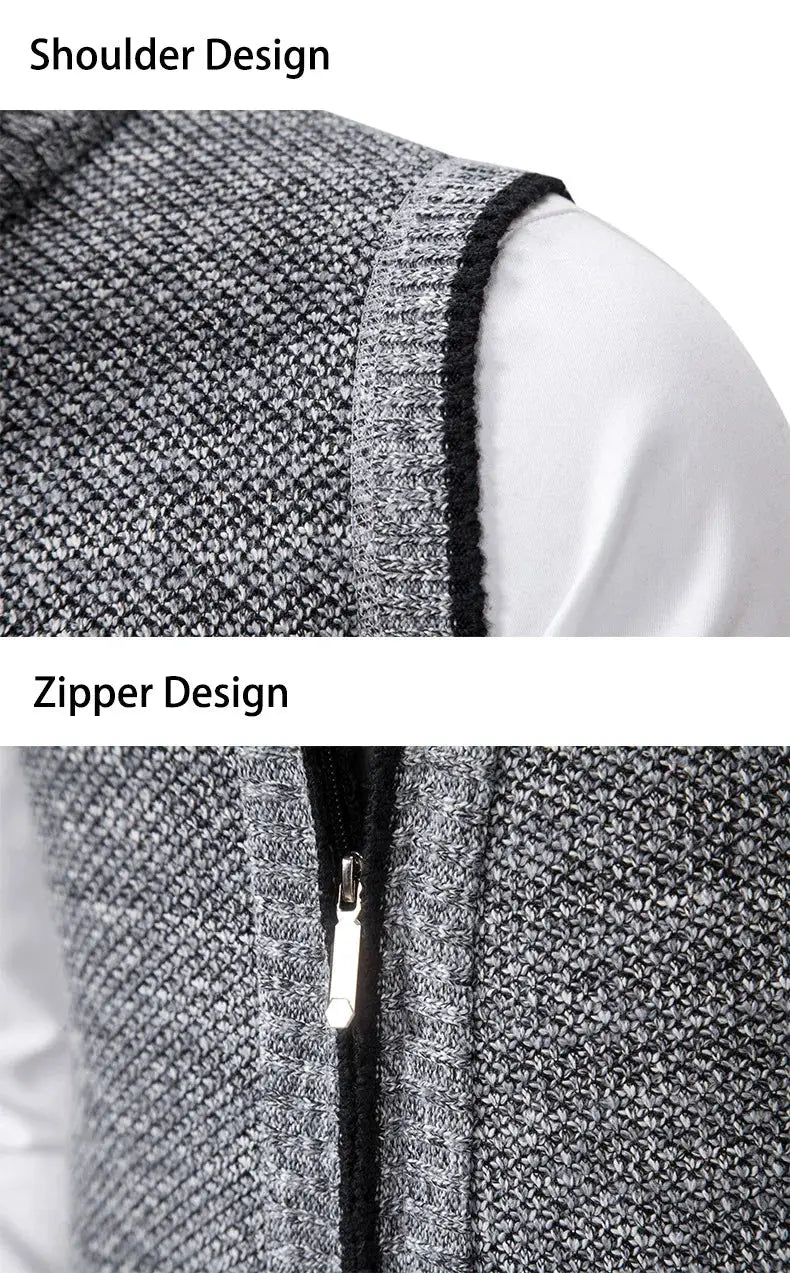 Simples Market men's knitted sleeveless zipper cardigan vest in grey marled knit with stand collar, slim fit.