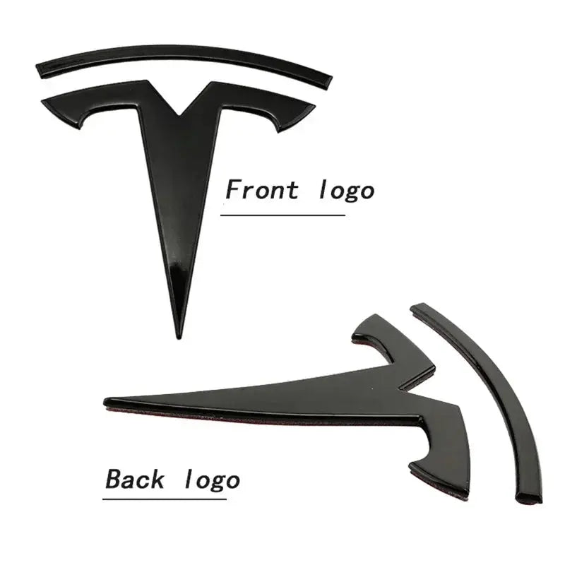 Tesla logo emblem set by Simples Market; black zinc alloy front hood and rear trunk emblems for Model 3/Y, 3 pieces