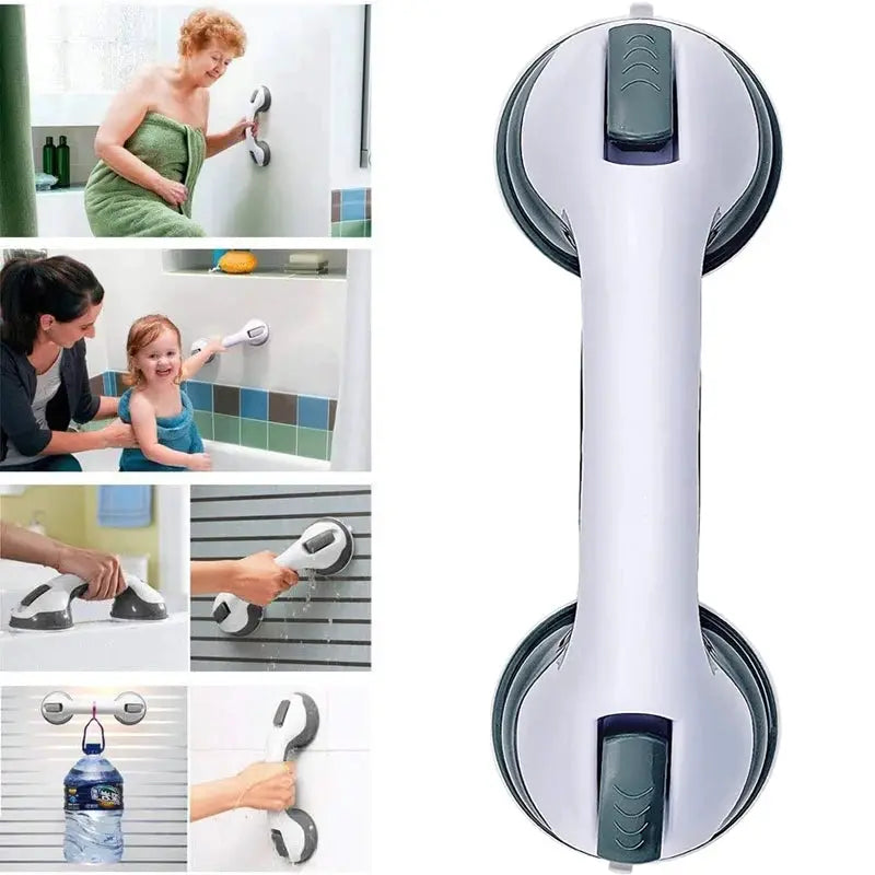 Simples Market shower handle grab bars with dual locking suction cups, white handle with gray ends