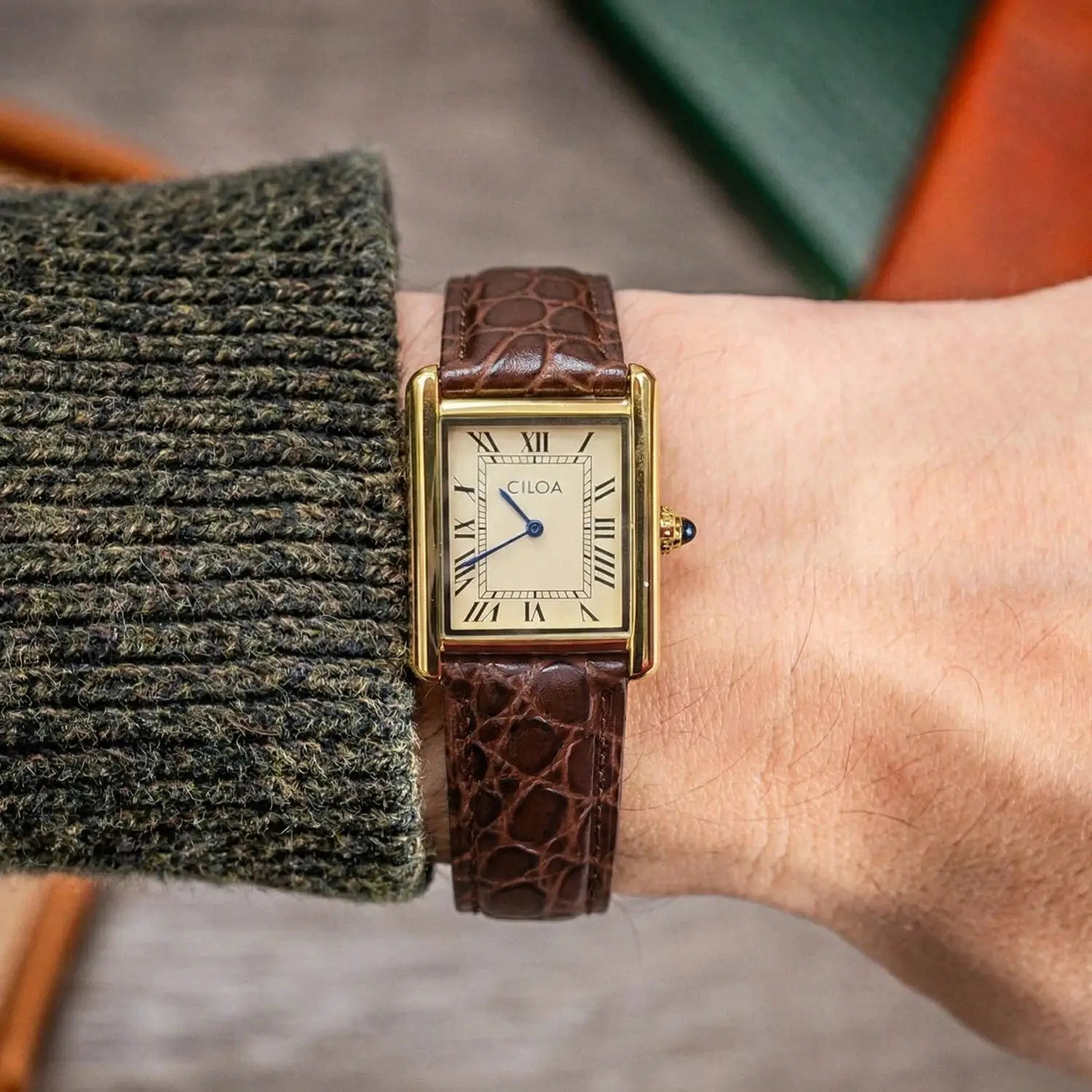 CILOA men's luxury retro square watch with gold-tone case, cream dial, brown leather strap