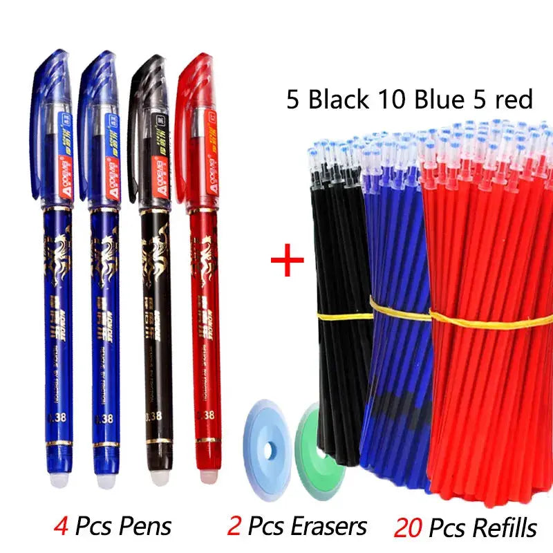 26-piece kawaii erasable gel pen set by Simples Market; 0.5mm tips, includes 4 pens, 2 erasers, 20 refills