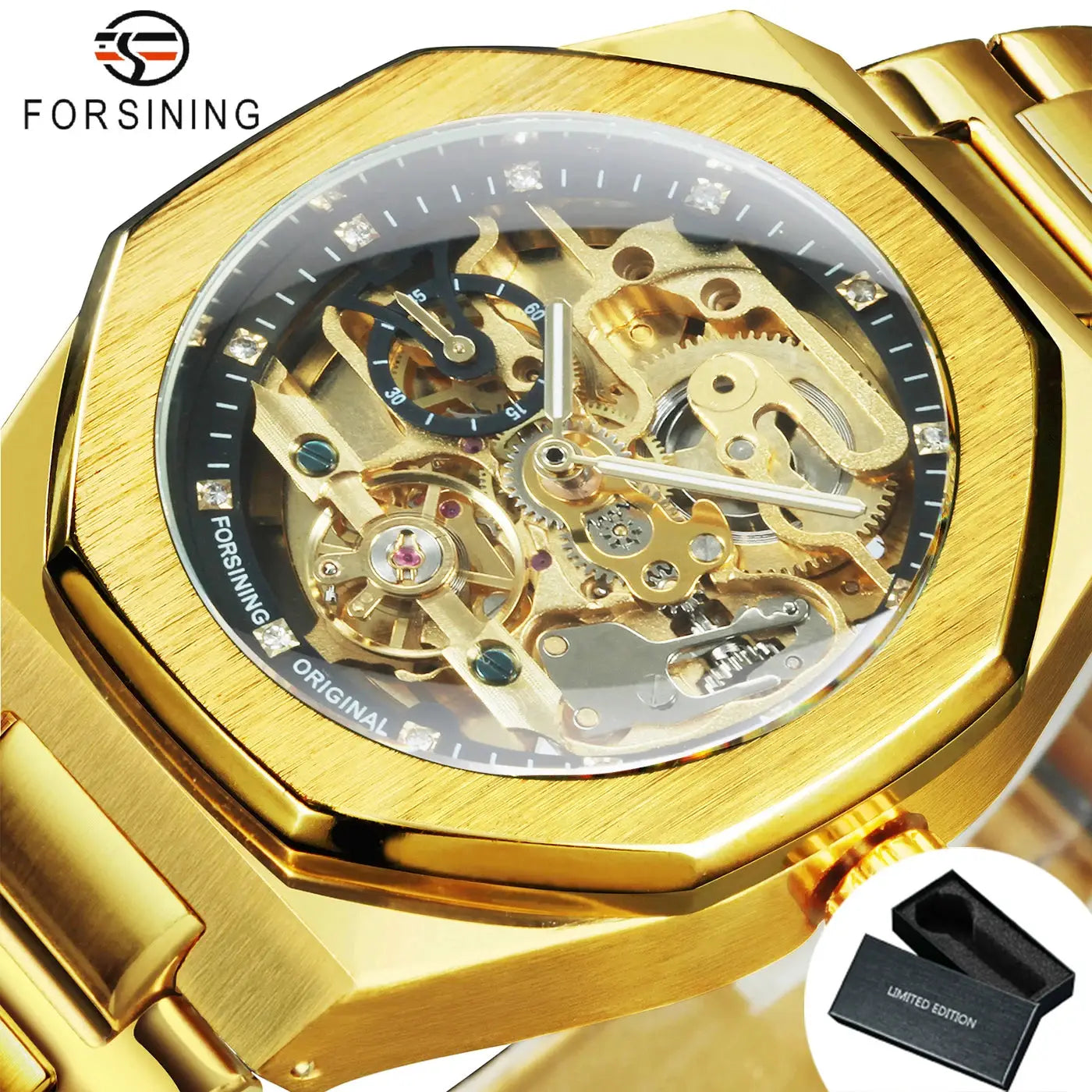 Forsining skeleton automatic men's watch in gold stainless steel strap with luminous hands