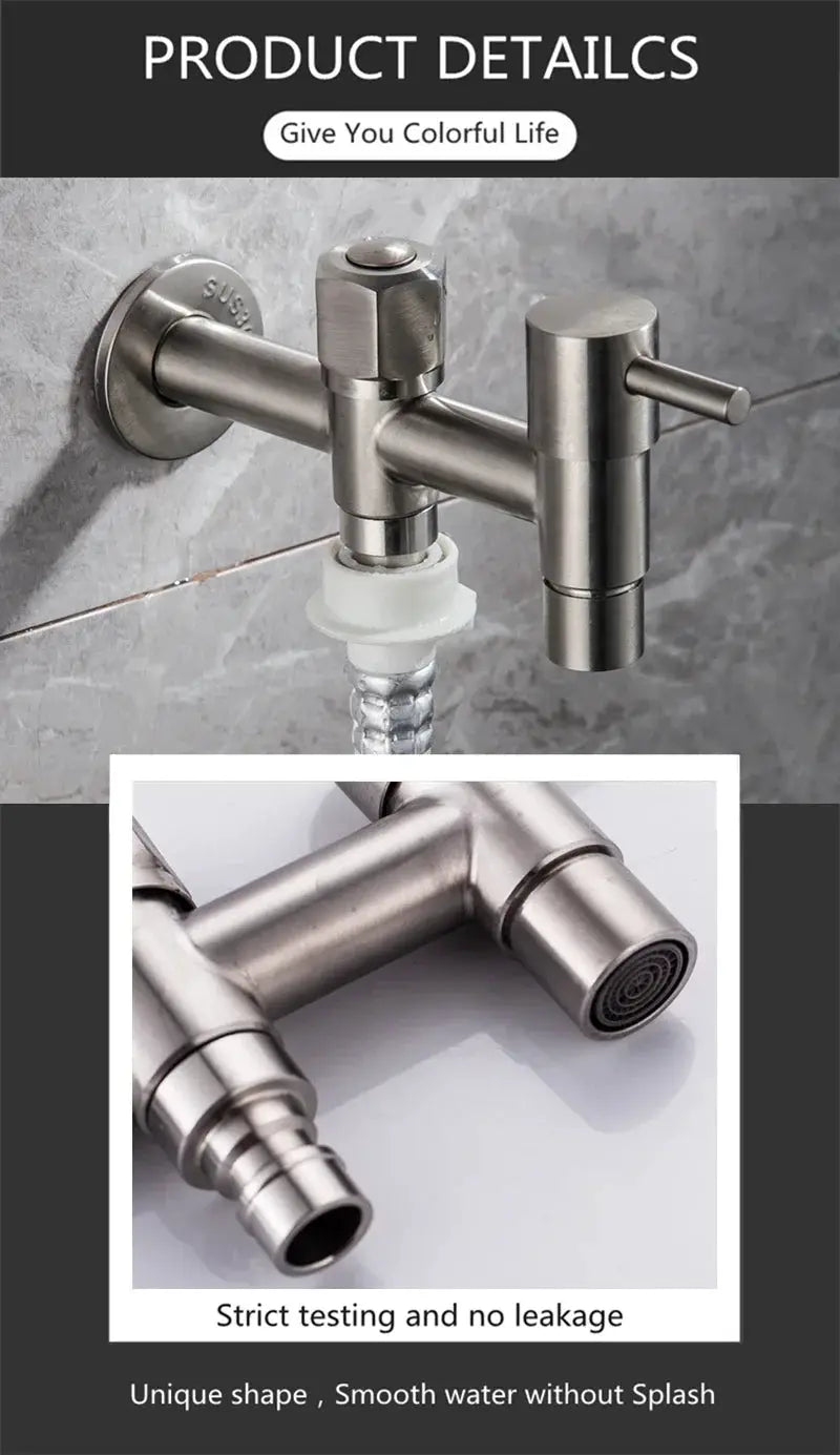 Simples Market brushed 304 stainless steel wall-mounted garden faucet with hose connector and dual-outlet bibcock.
