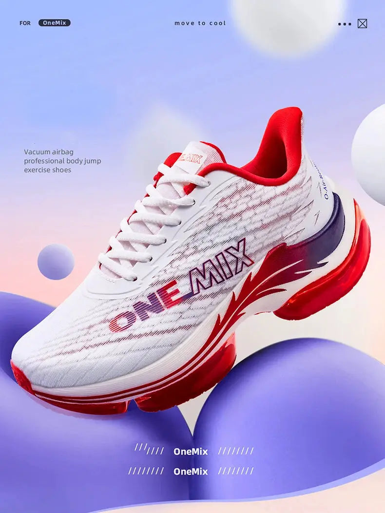 ONEMIX women's running shoes with white breathable mesh upper, red accents, and air-cushion sole