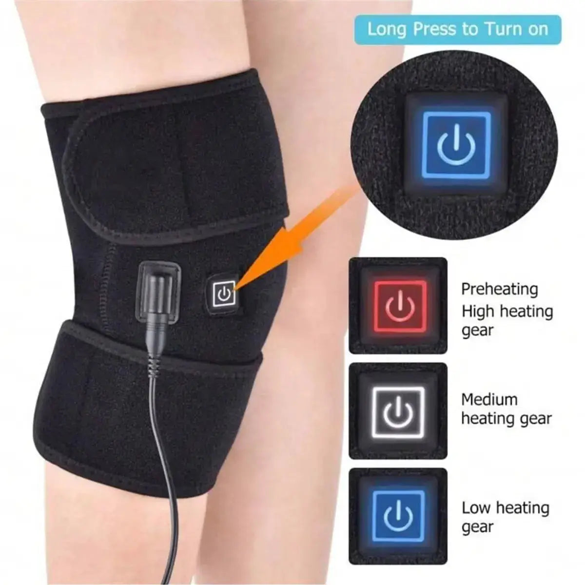 Heated and vibrating knee massage pad by Simples Market; black knee wrap with 3 heat levels and built-in control