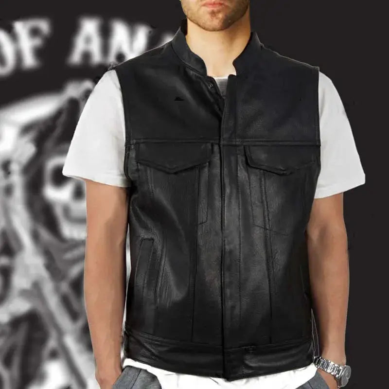 Autumn Winter men's faux leather waistcoat with stand collar, black biker vest by Simples Market.