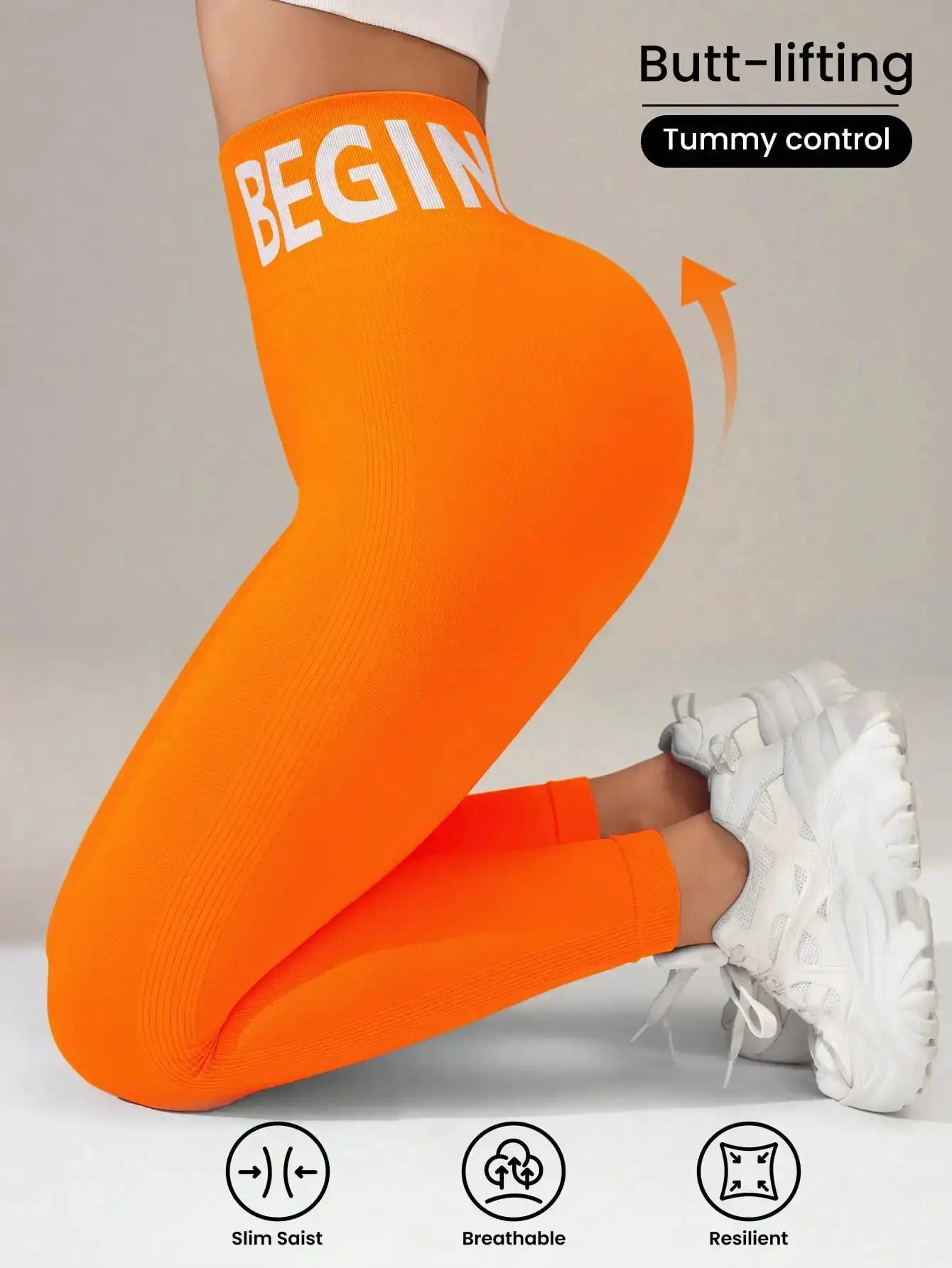 Simples Market orange seamless yoga leggings with waistband lettering for butt-lifting and breathable fabric.