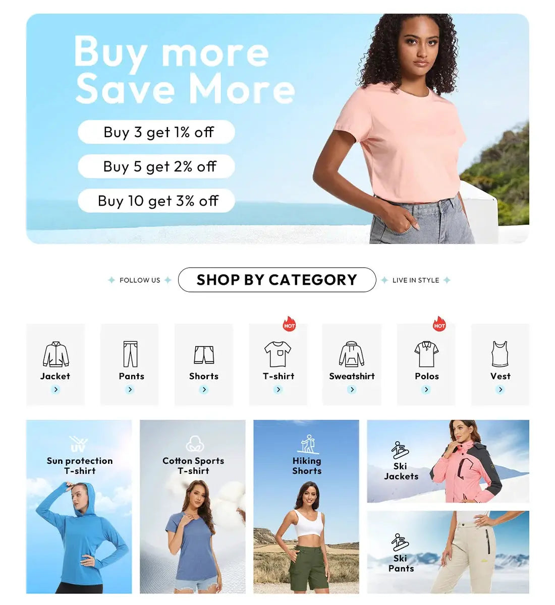 Simples Market clothing homepage hero with pink t-shirt model and a Shop by Category grid of jackets, pants, shorts, tees, and vests.