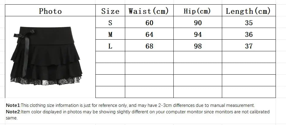 Goth Y2K black lace-trim bow layered A-line mini skirt for women by Simples Market