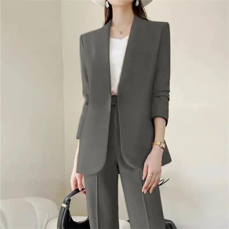 2-piece women's gray blazer and pants suit set, elegant commuter outfit