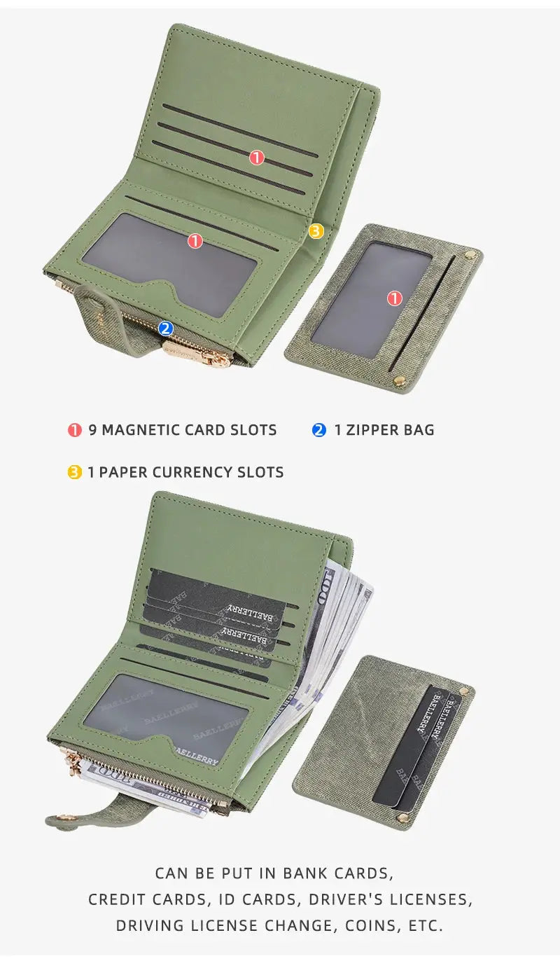Baellerry green women's short wallet with detachable card clip; 9 card slots and zipper coin bag.