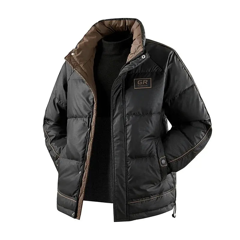Men's black quilted down jacket with brown lining, windproof puffer coat with GR logo patch by Simples Market