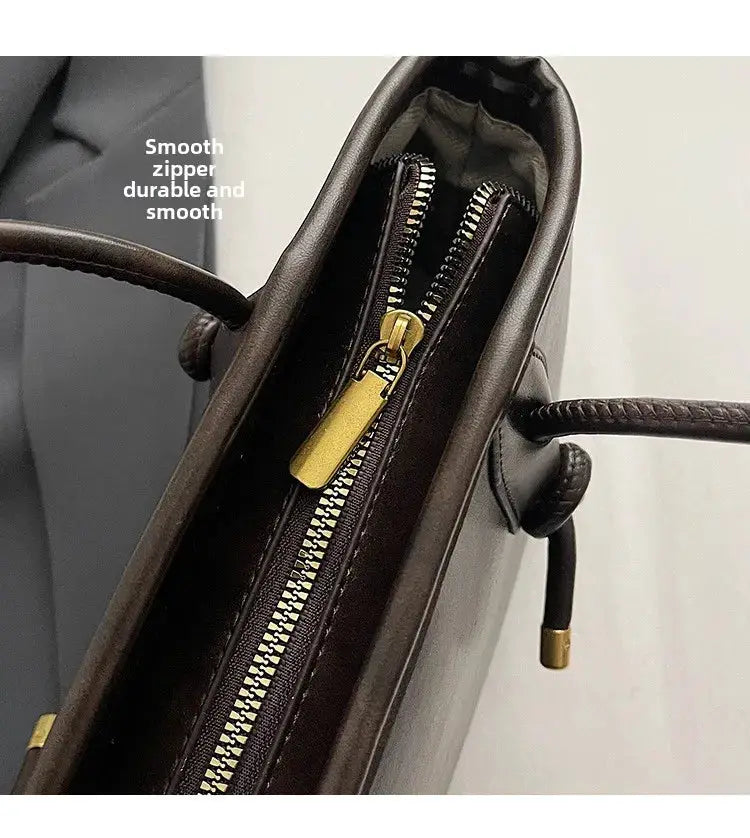 Simples Market PU leather shoulder bag in dark brown with gold zipper pull and crossbody strap.