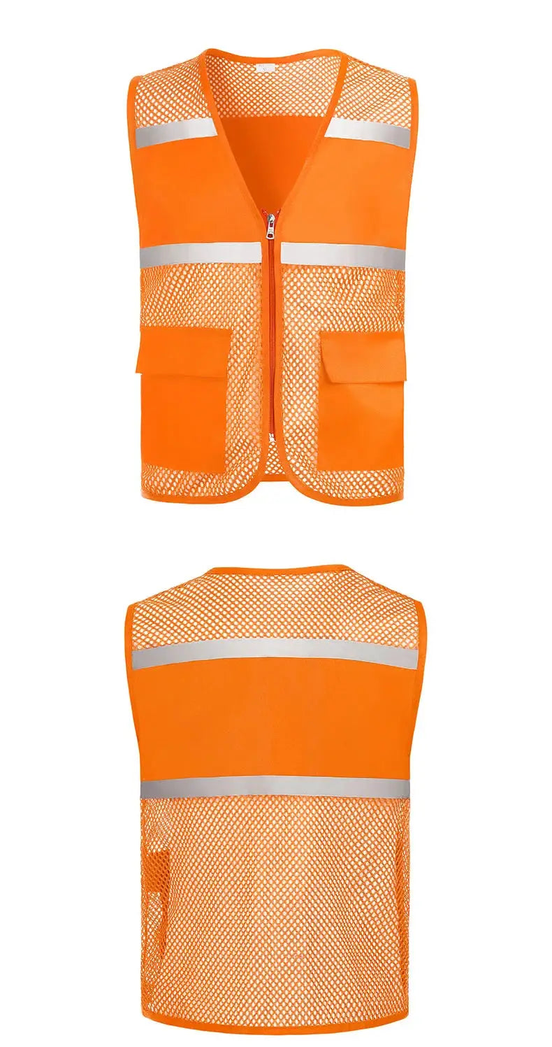 Volunteer fishing safety vest in bright orange mesh with reflective stripes, front zipper and two large pockets