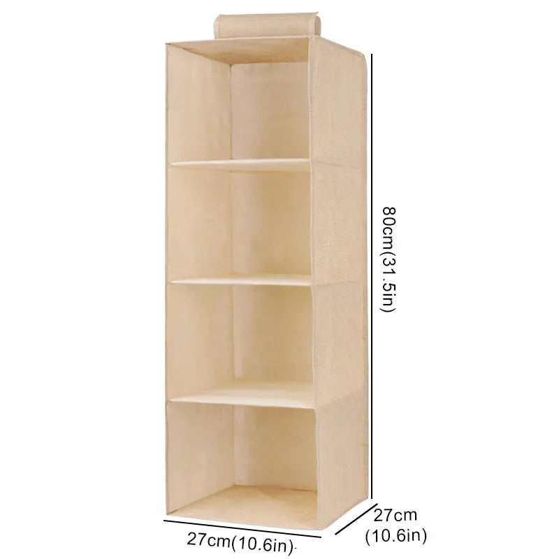 Cotton-linen hanging wardrobe organizer, beige fabric with multiple shelves by Simples Market