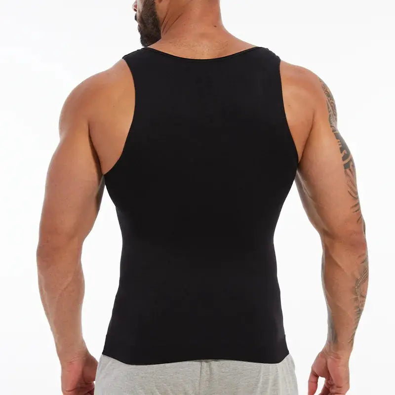 Men's black compression vest shapewear, sleeveless gym tank for tummy control